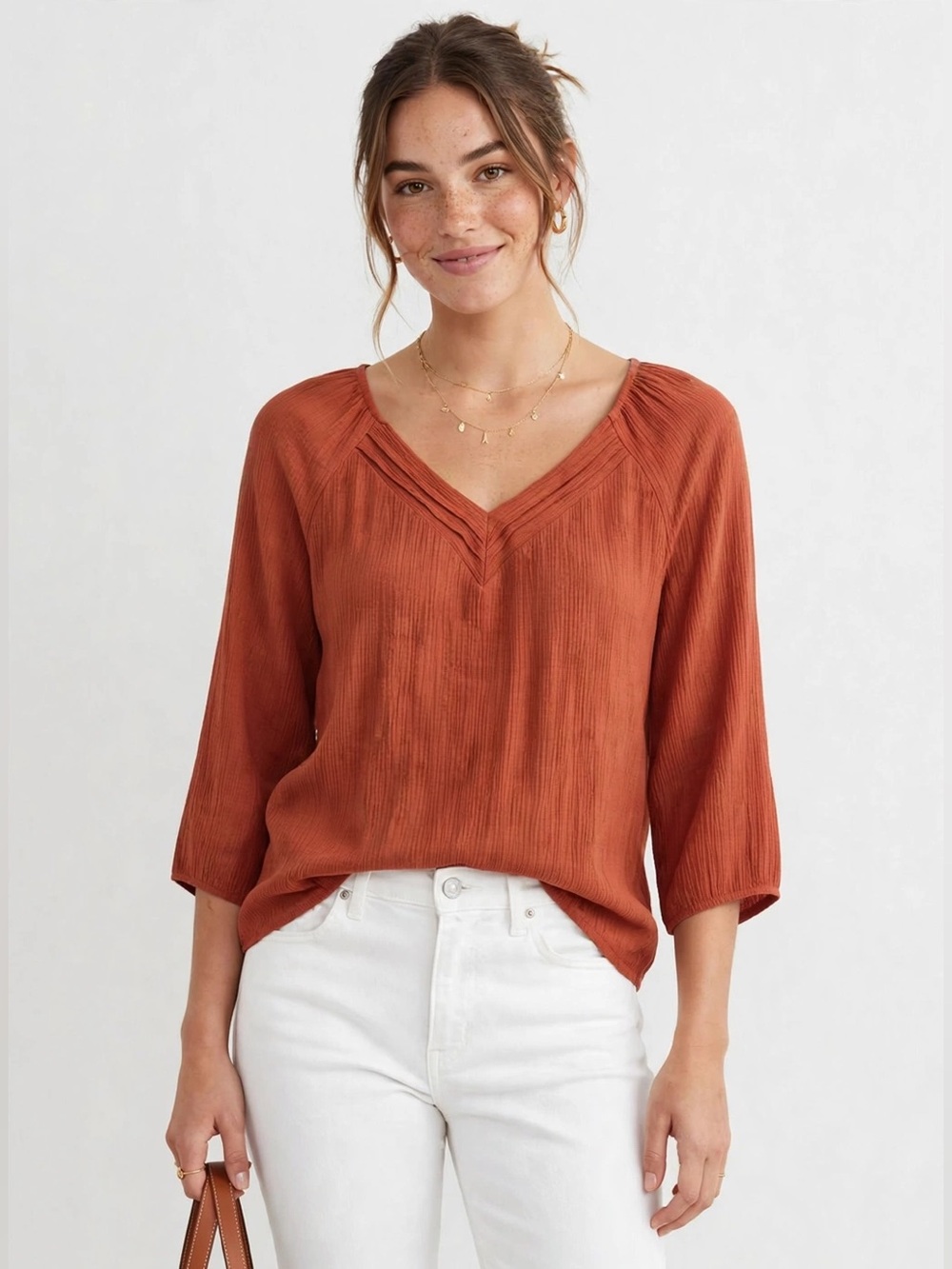 EMBER Women’s Rust V-Neck Lightweight Pullover Blouse Large
